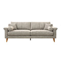 **Stylowy szary sofa z drewnianymi nogami i poduszkami**