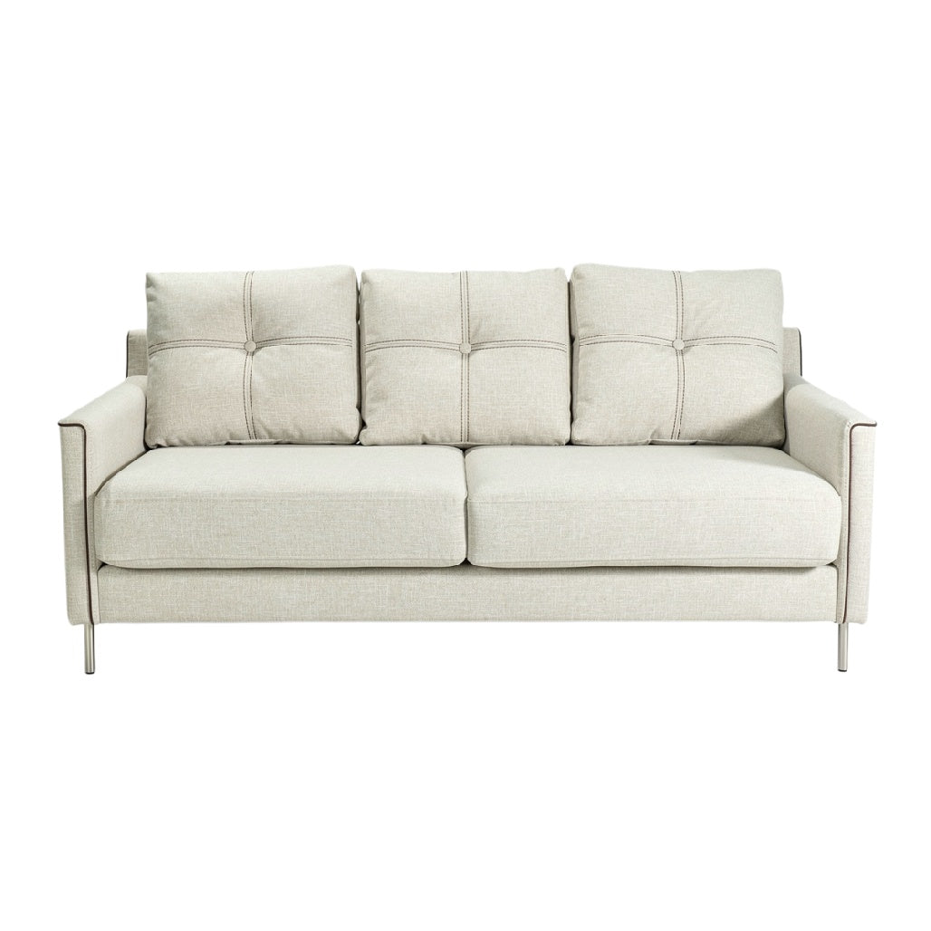 **Techniczne tytuł w języku polskim: Elegancka szaro-beżowa sofa z wykończeniem ze stali nierdzewnej**
